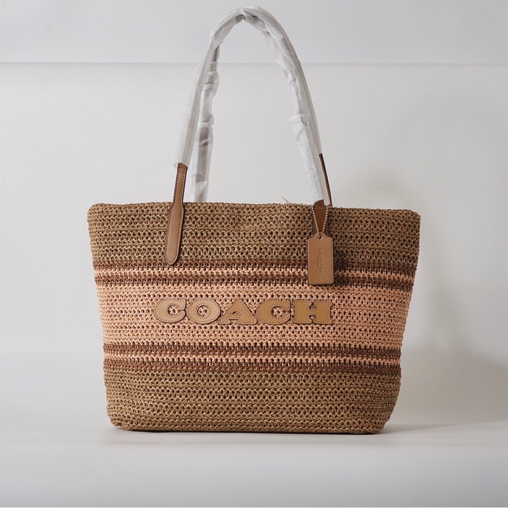 Coach Striped Straw Tote Bag with Leather Handles